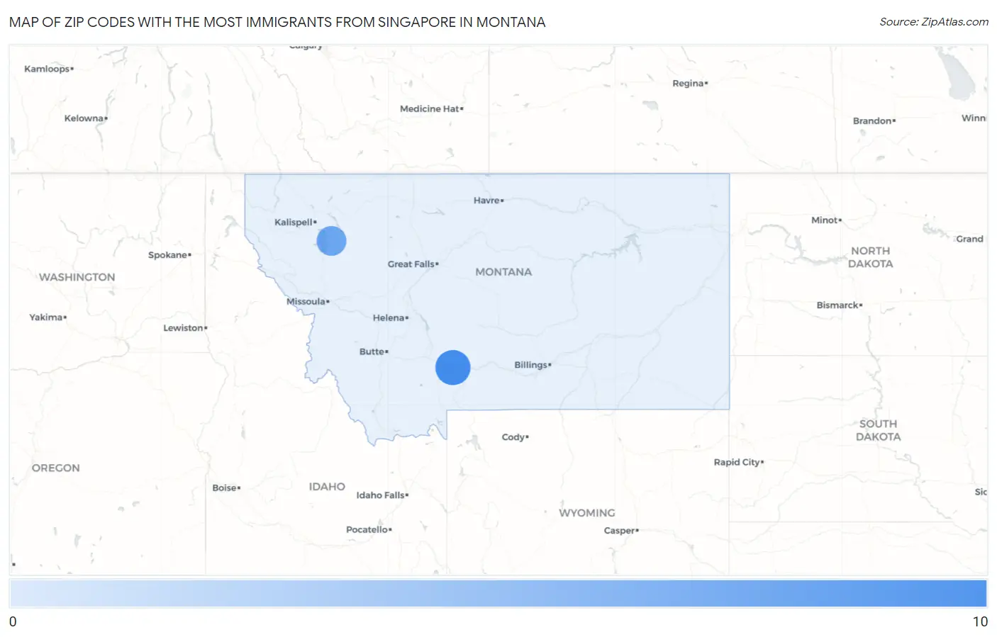 Zip Codes with the Most Immigrants from Singapore in Montana Map