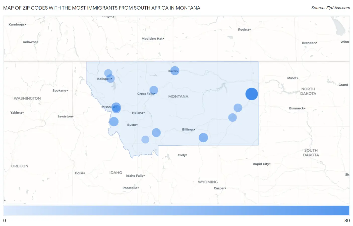 Zip Codes with the Most Immigrants from South Africa in Montana Map