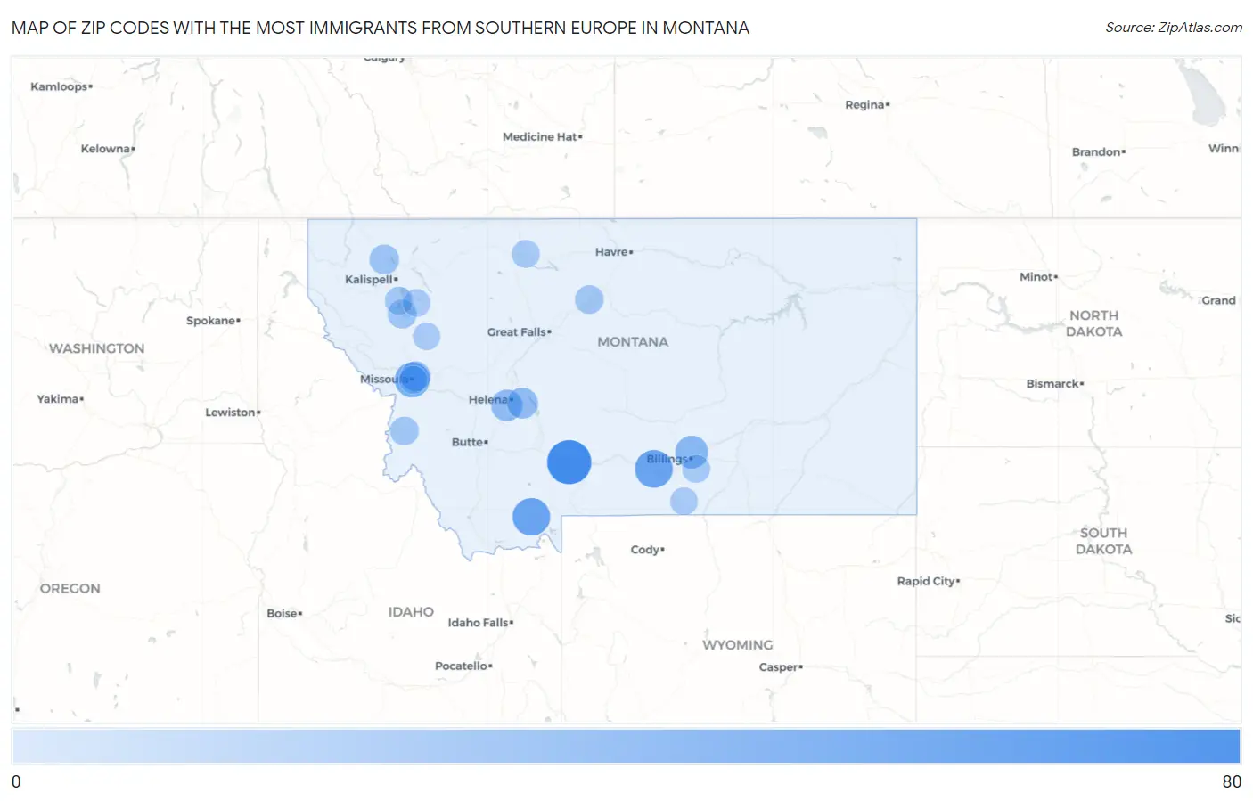 Zip Codes with the Most Immigrants from Southern Europe in Montana Map