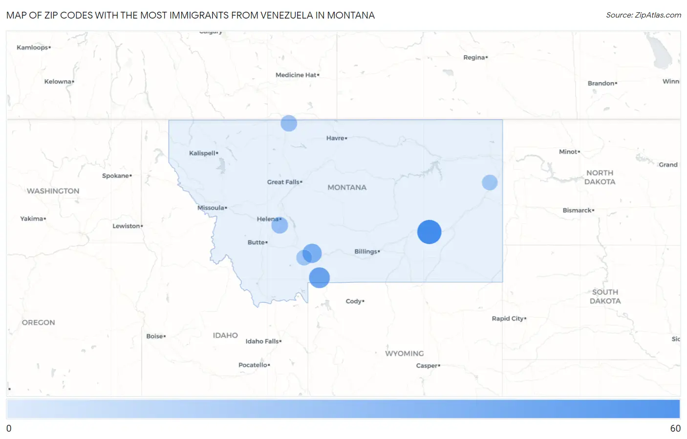 Zip Codes with the Most Immigrants from Venezuela in Montana Map