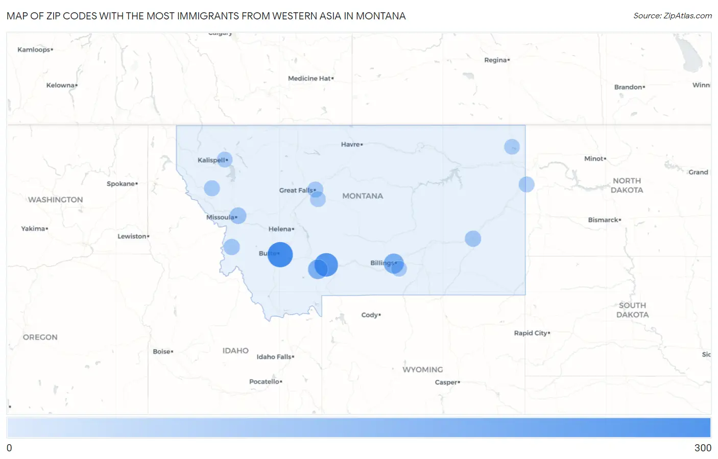 Zip Codes with the Most Immigrants from Western Asia in Montana Map
