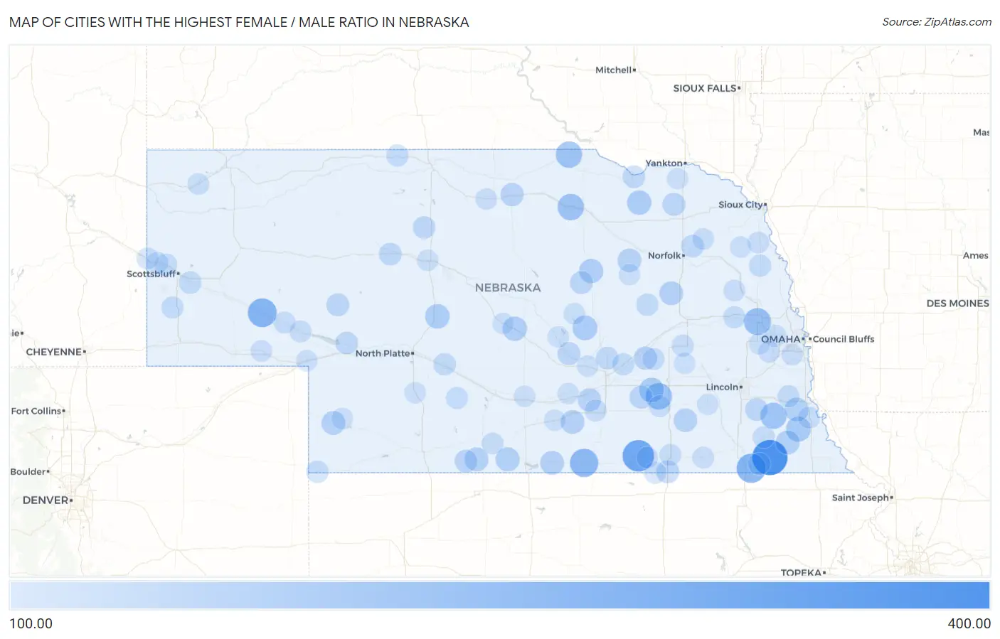 Cities with the Highest Female / Male Ratio in Nebraska Map
