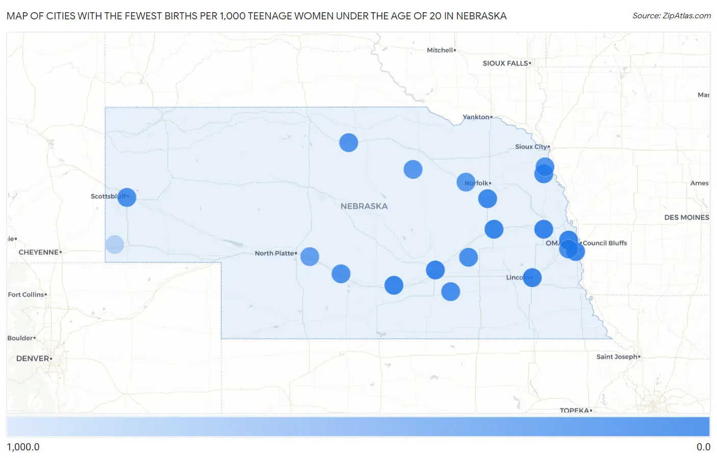 Cities with the Fewest Births per 1,000 Teenage Women Under the Age of 20 in Nebraska Map
