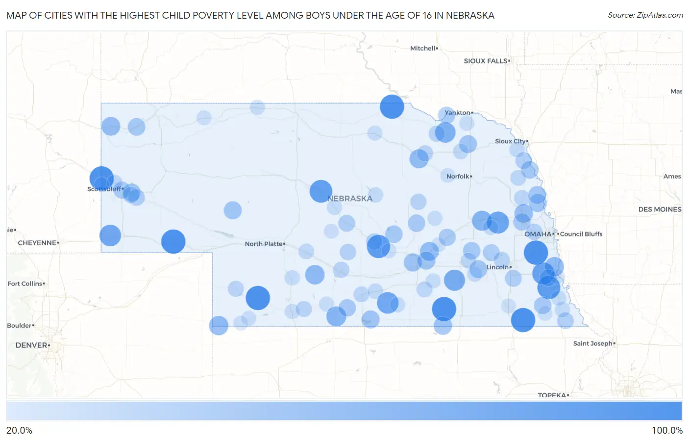 Cities with the Highest Child Poverty Level Among Boys Under the Age of 16 in Nebraska Map