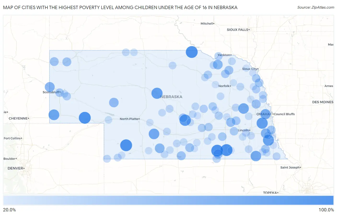 Cities with the Highest Poverty Level Among Children Under the Age of 16 in Nebraska Map