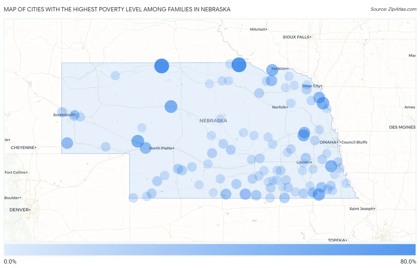 Cities with the Highest Poverty Level Among Families in Nebraska Map