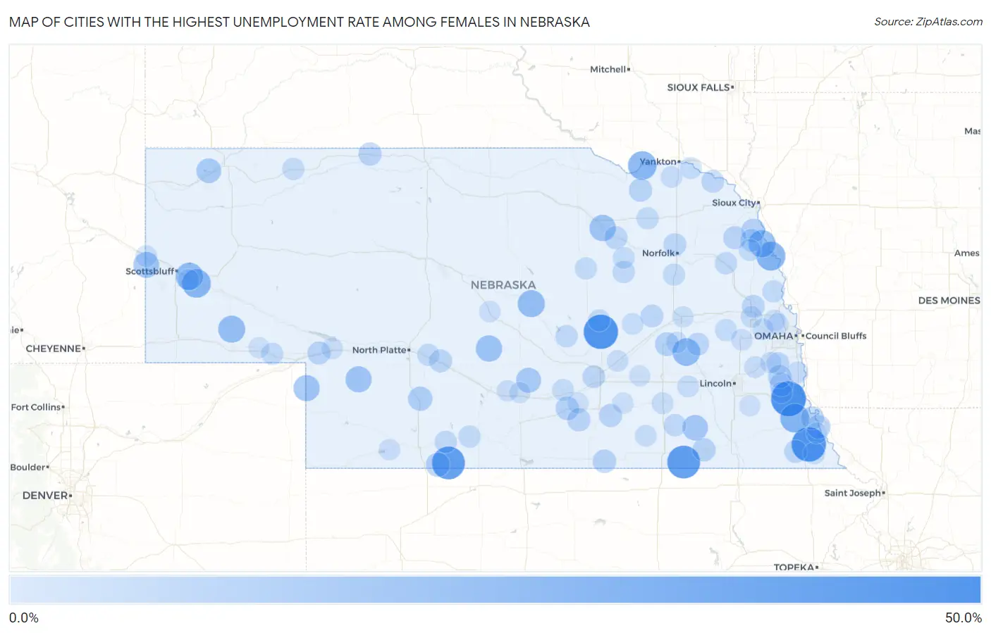 Cities with the Highest Unemployment Rate Among Females in Nebraska Map