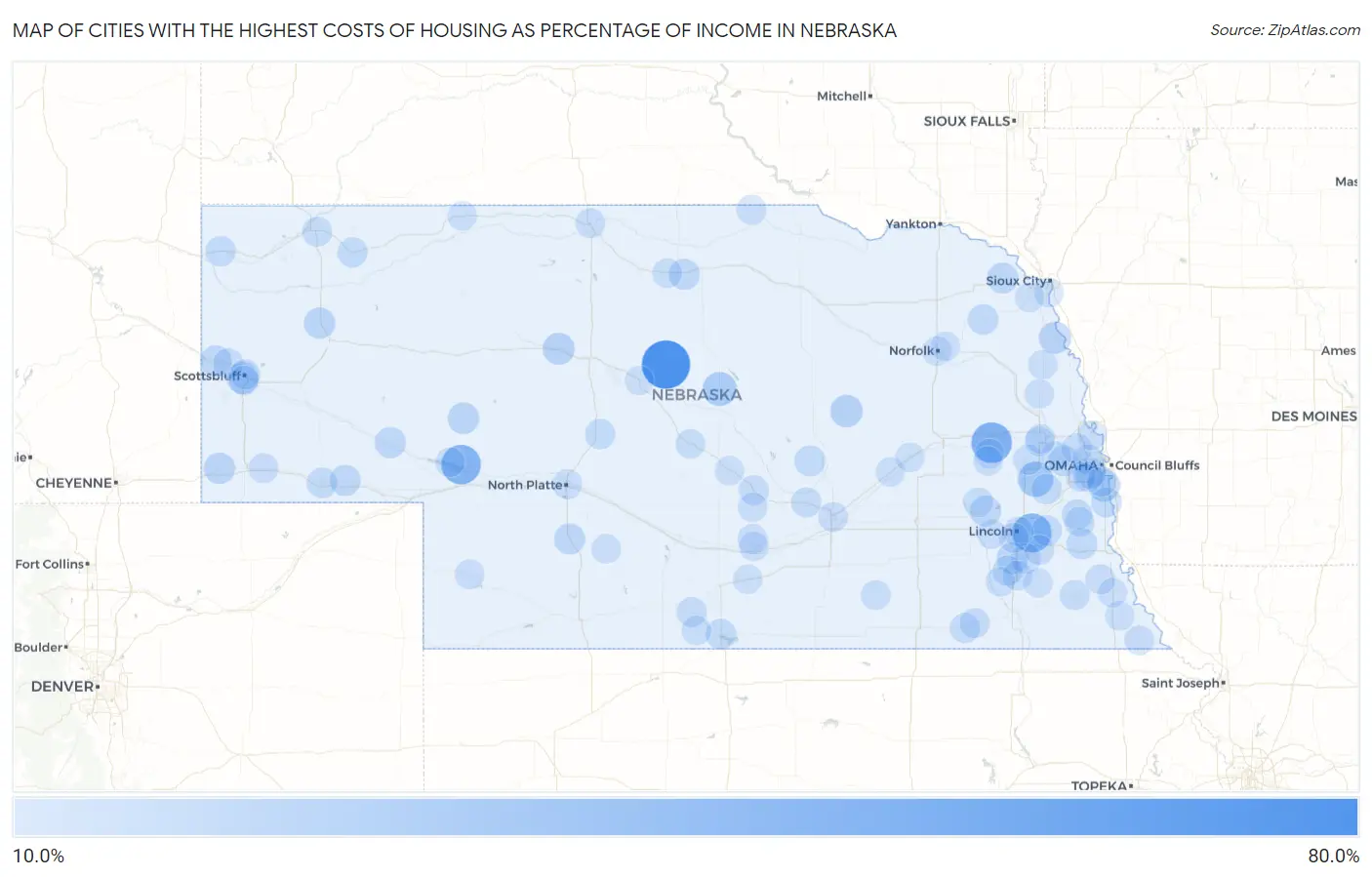 Cities with the Highest Costs of Housing as Percentage of Income in Nebraska Map