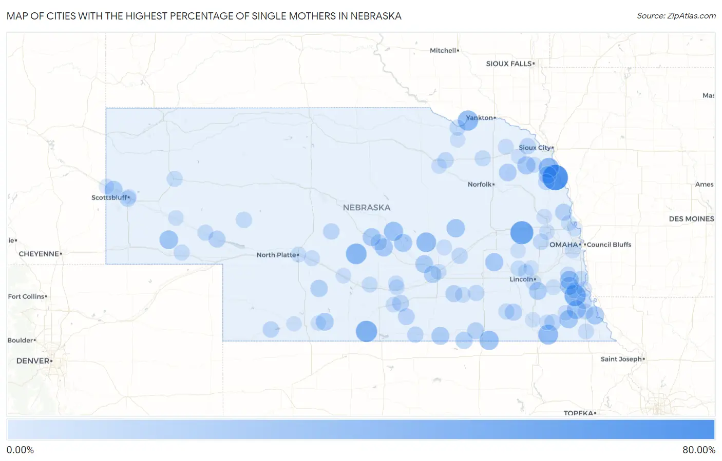 Cities with the Highest Percentage of Single Mothers in Nebraska Map