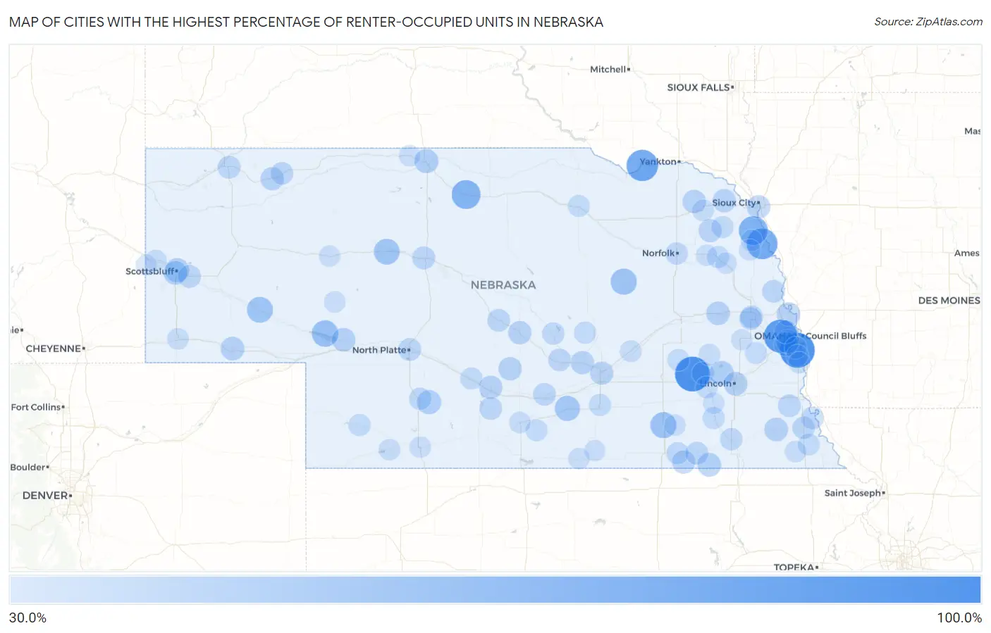 Cities with the Highest Percentage of Renter-Occupied Units in Nebraska Map