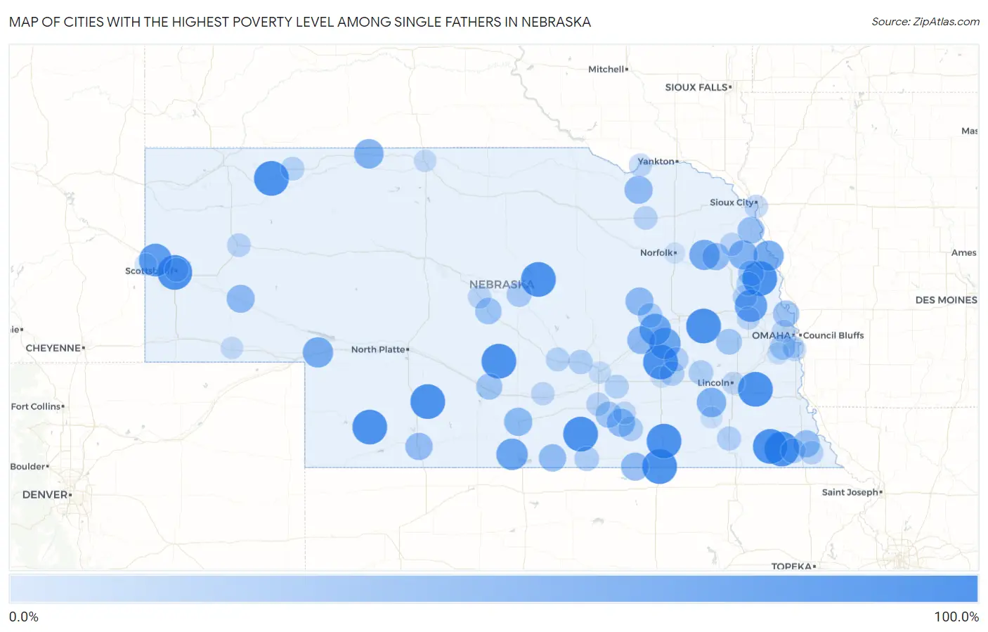 Cities with the Highest Poverty Level Among Single Fathers in Nebraska Map