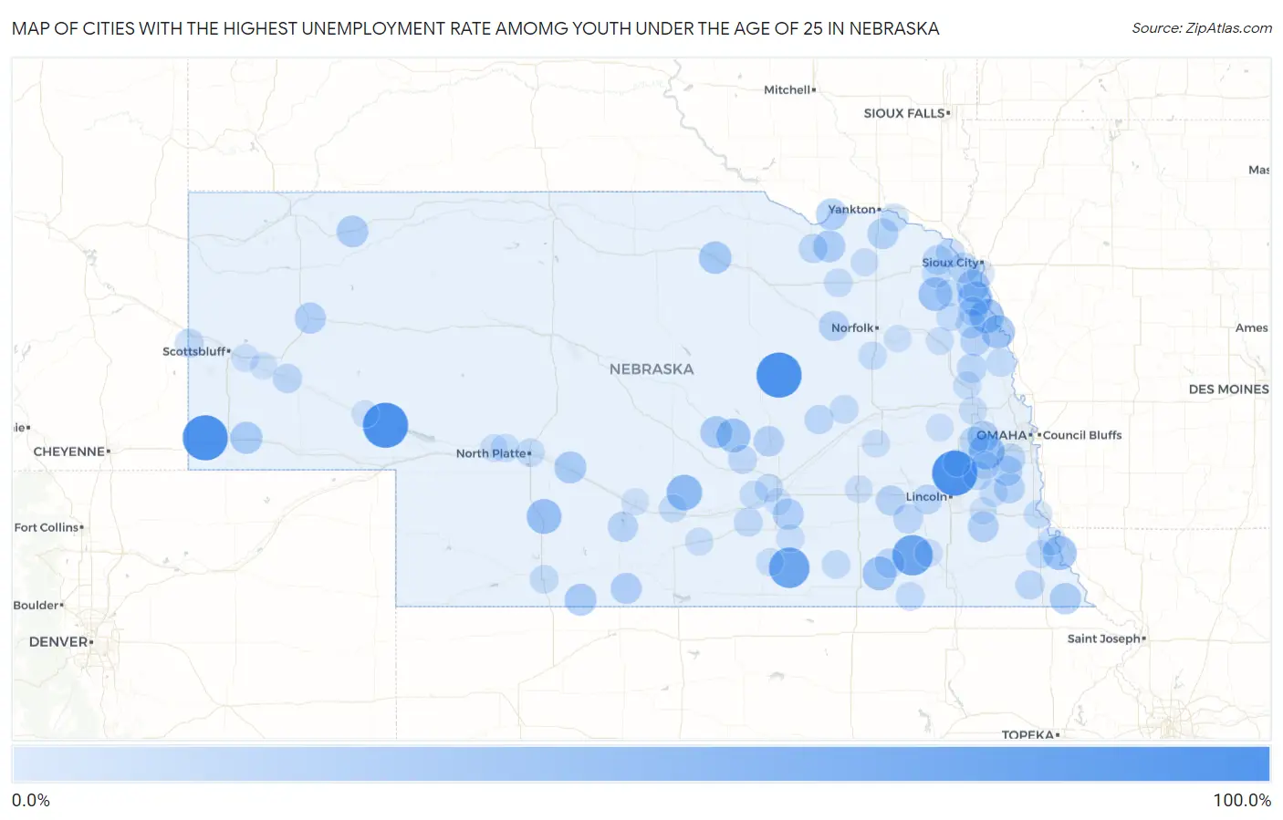 Cities with the Highest Unemployment Rate Amomg Youth Under the Age of 25 in Nebraska Map