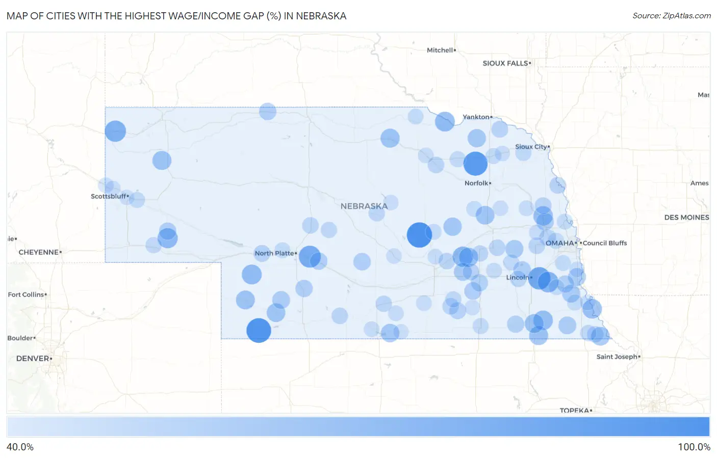 Cities with the Highest Wage/Income Gap (%) in Nebraska Map