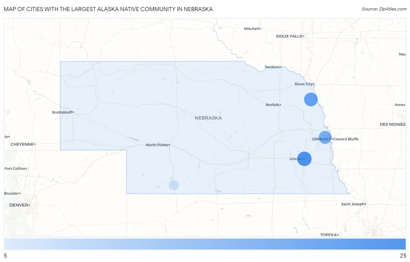 Cities with the Largest Alaska Native Community in Nebraska Map