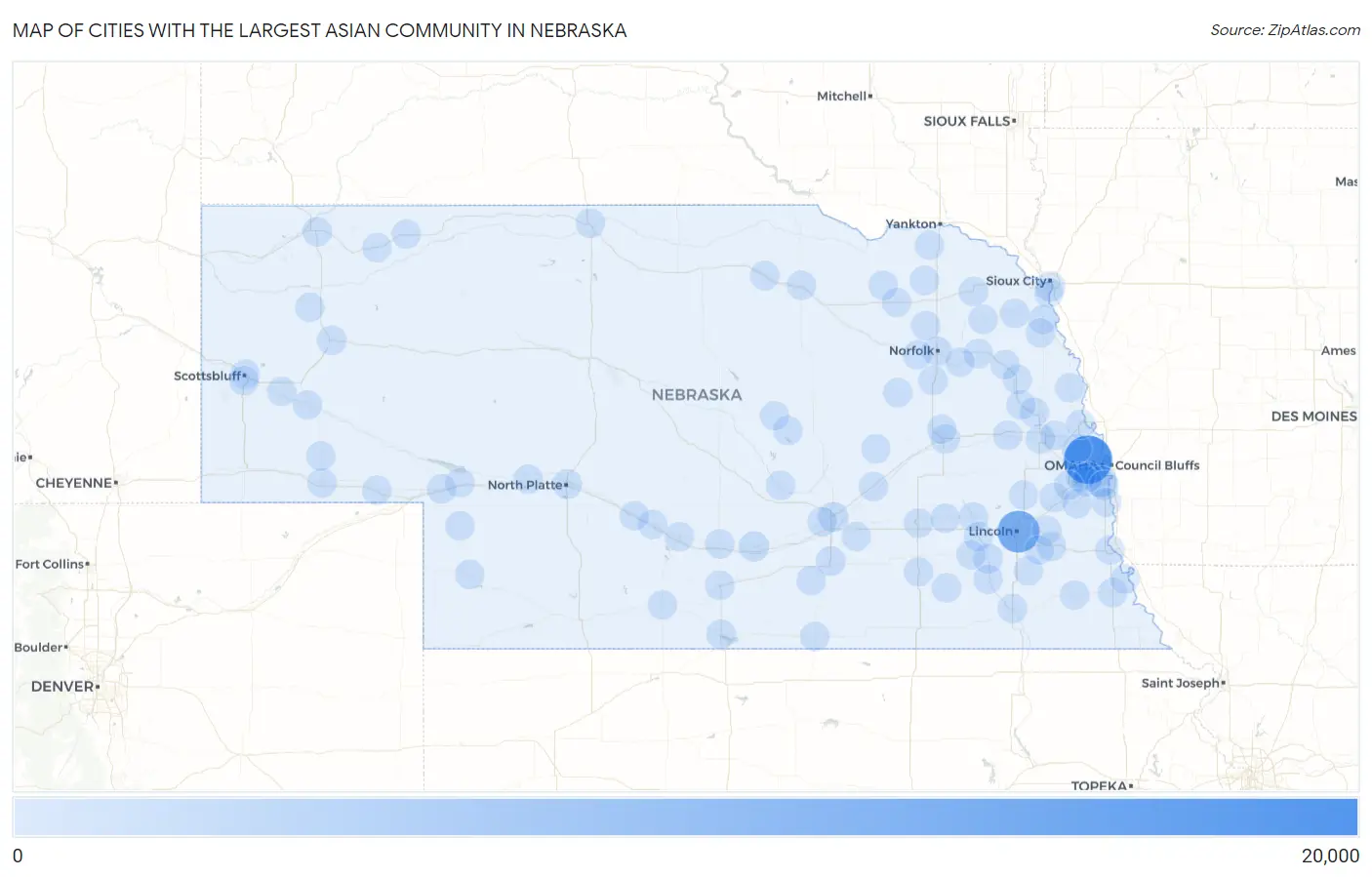 Cities with the Largest Asian Community in Nebraska Map