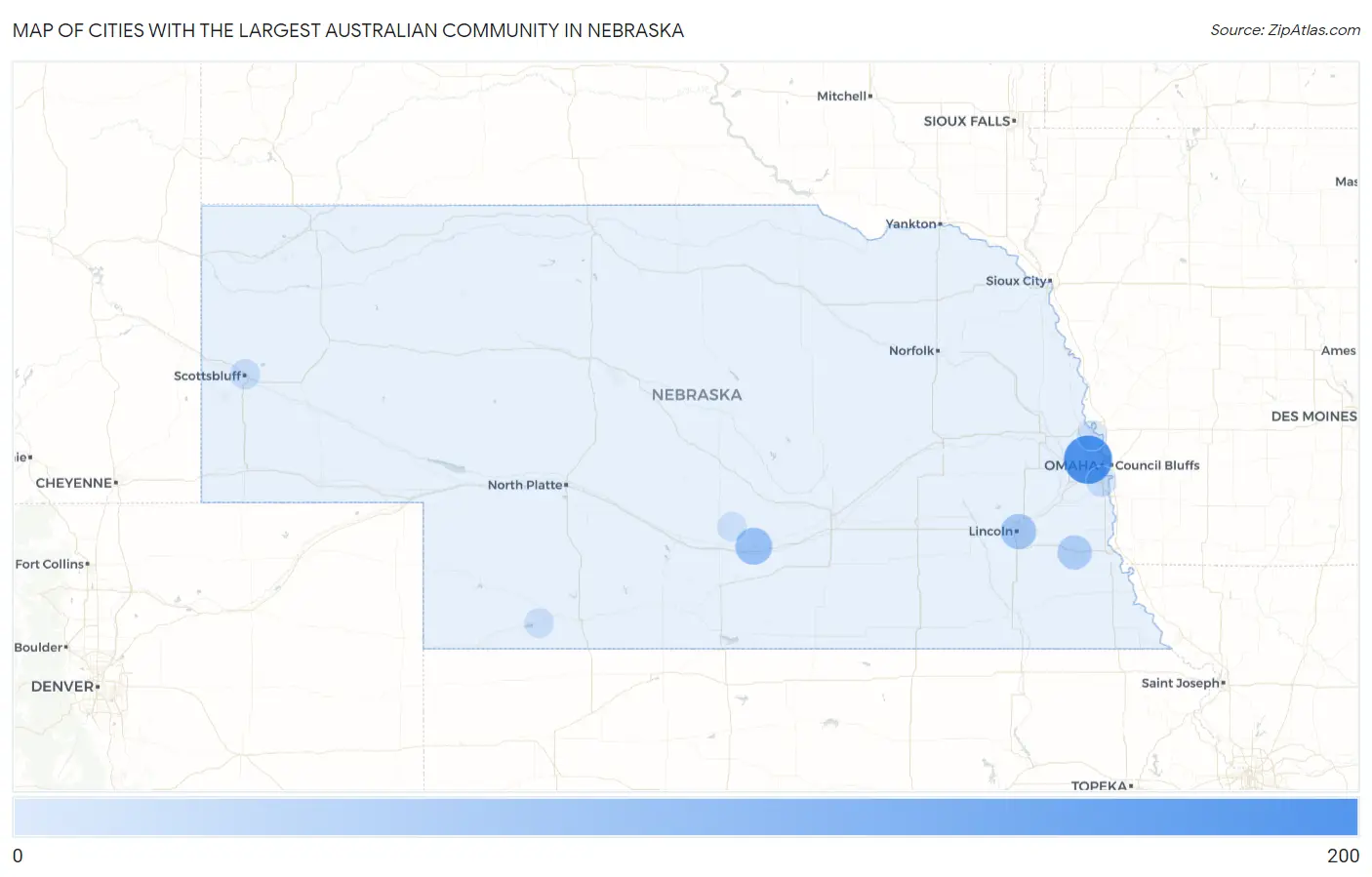 Cities with the Largest Australian Community in Nebraska Map