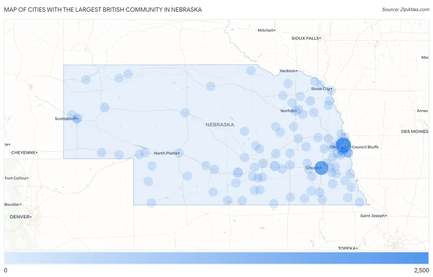Cities with the Largest British Community in Nebraska Map