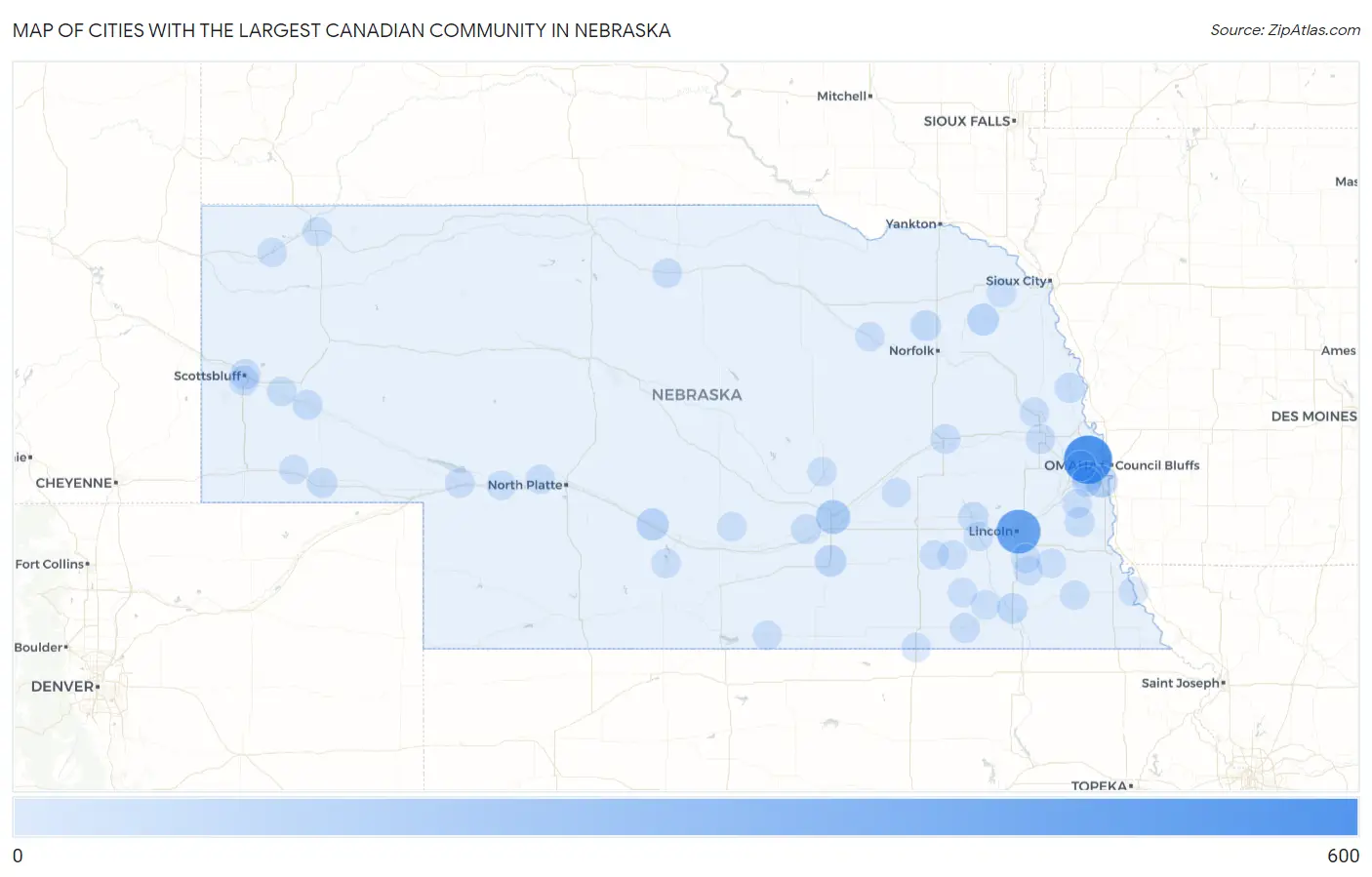 Cities with the Largest Canadian Community in Nebraska Map