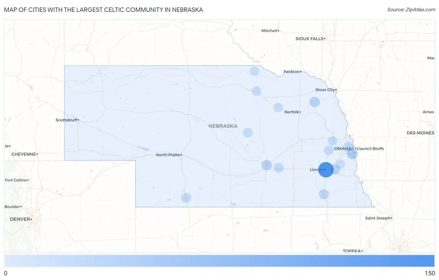 Cities with the Largest Celtic Community in Nebraska Map