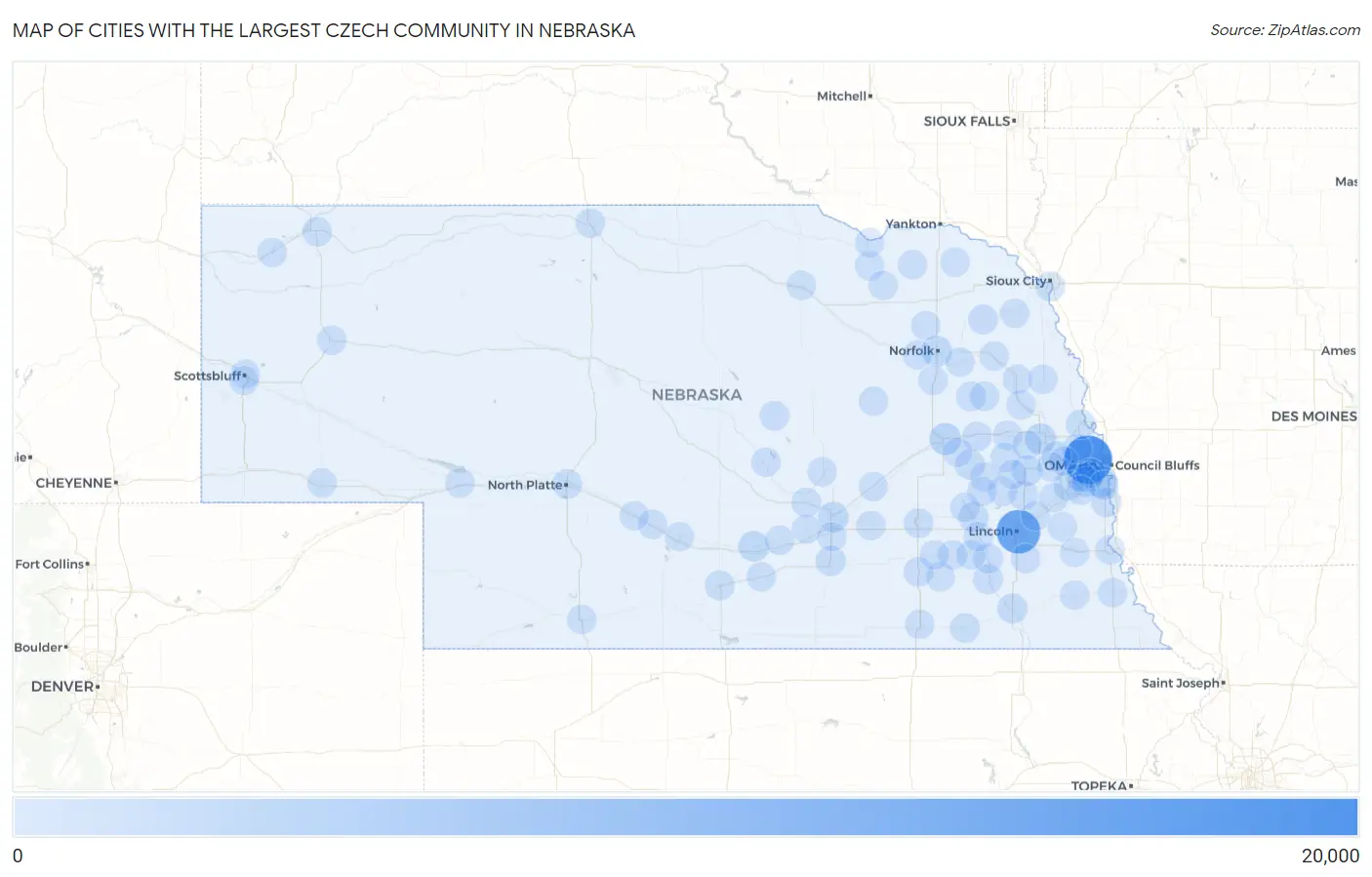Cities with the Largest Czech Community in Nebraska Map