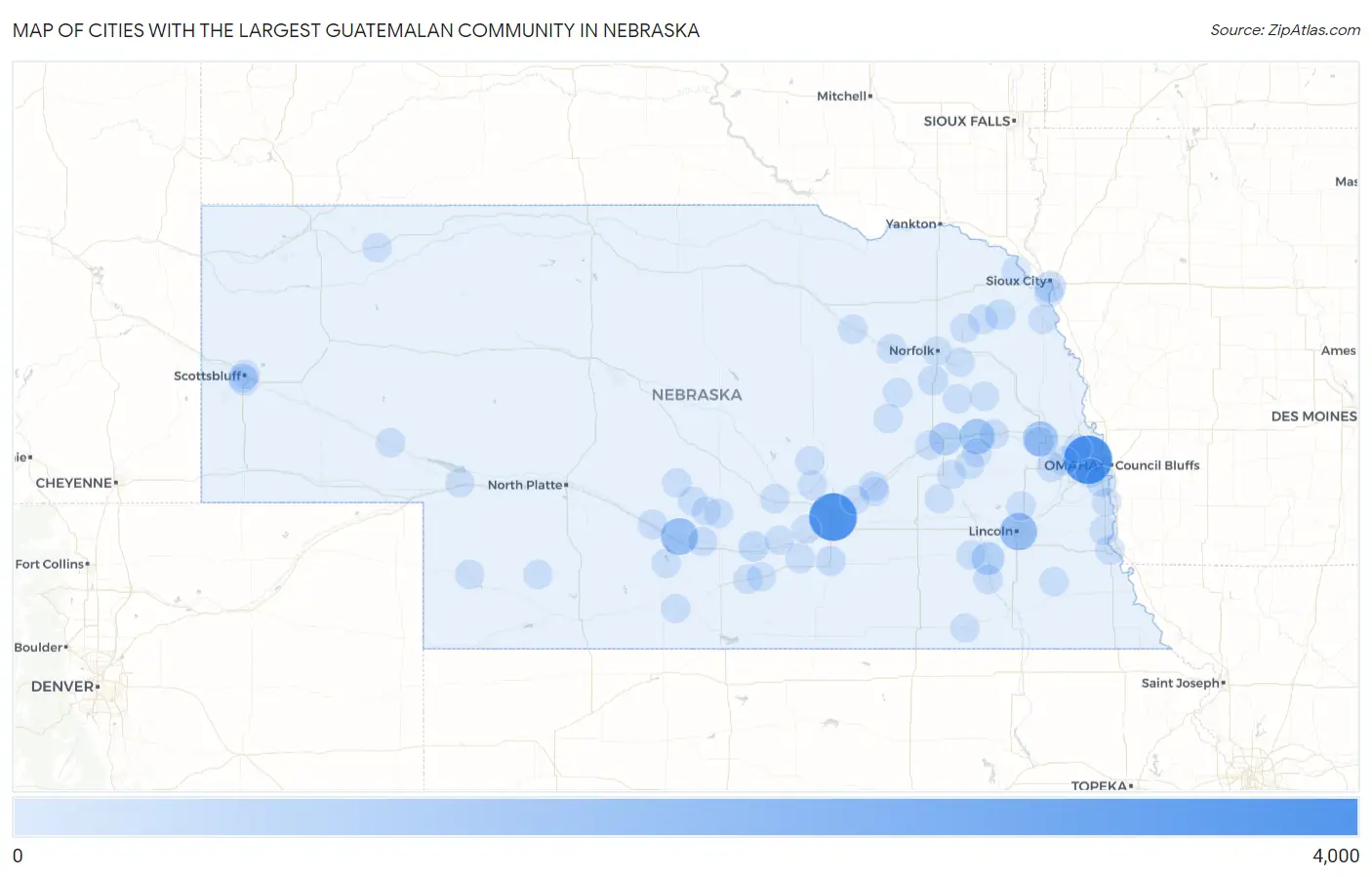 Cities with the Largest Guatemalan Community in Nebraska Map