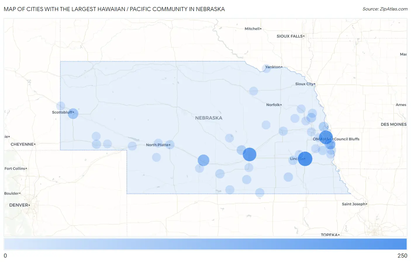 Cities with the Largest Hawaiian / Pacific Community in Nebraska Map