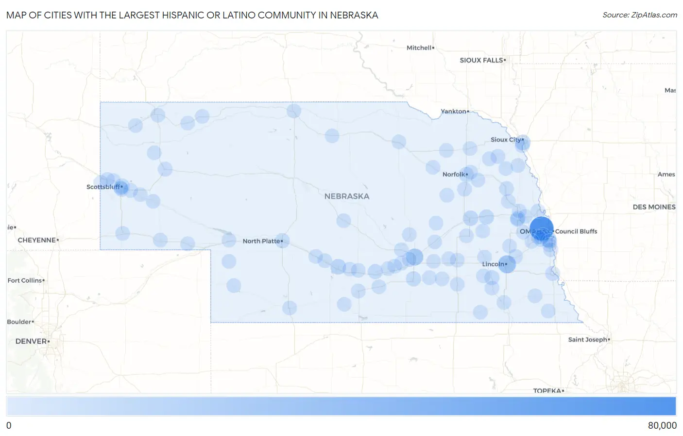 Cities with the Largest Hispanic or Latino Community in Nebraska Map