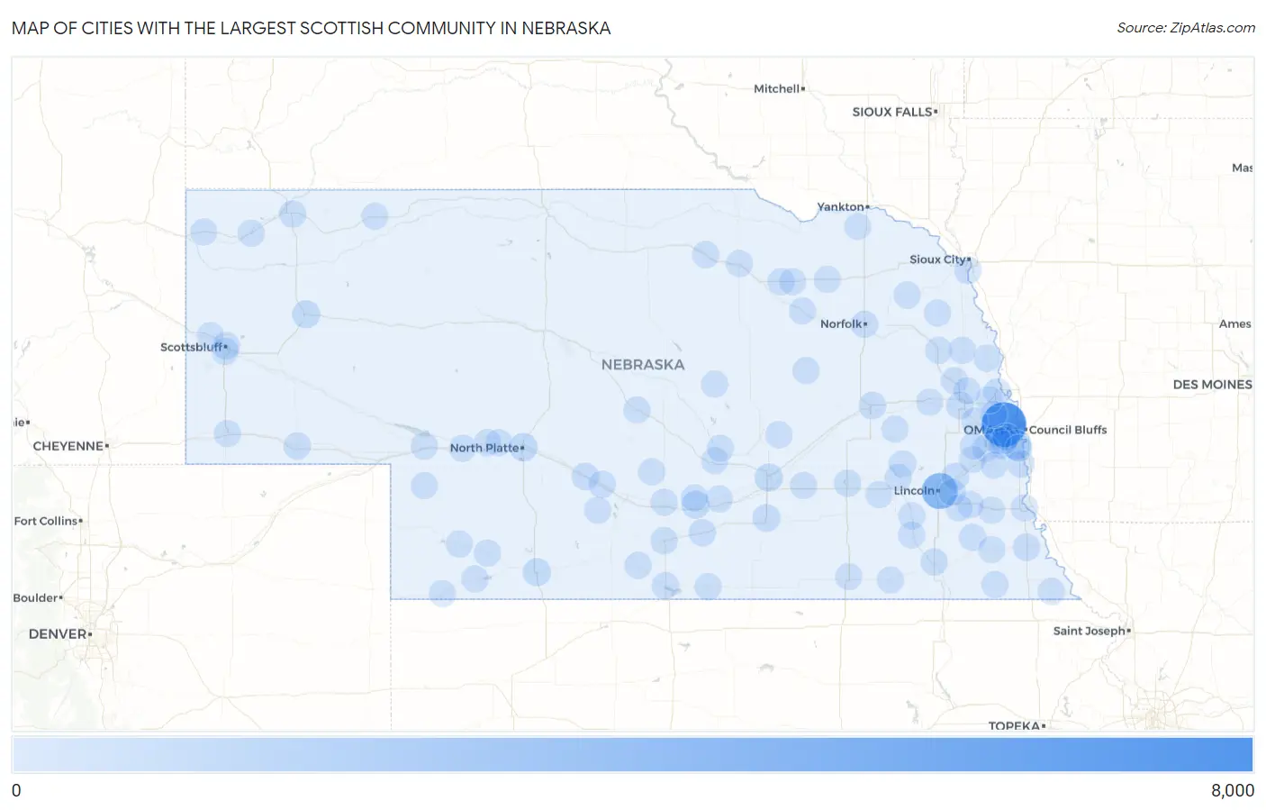 Cities with the Largest Scottish Community in Nebraska Map