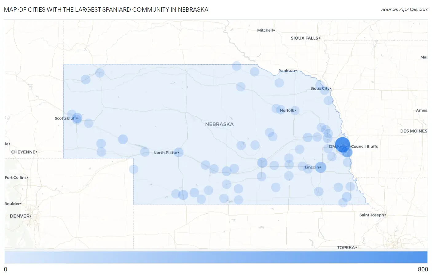 Cities with the Largest Spaniard Community in Nebraska Map