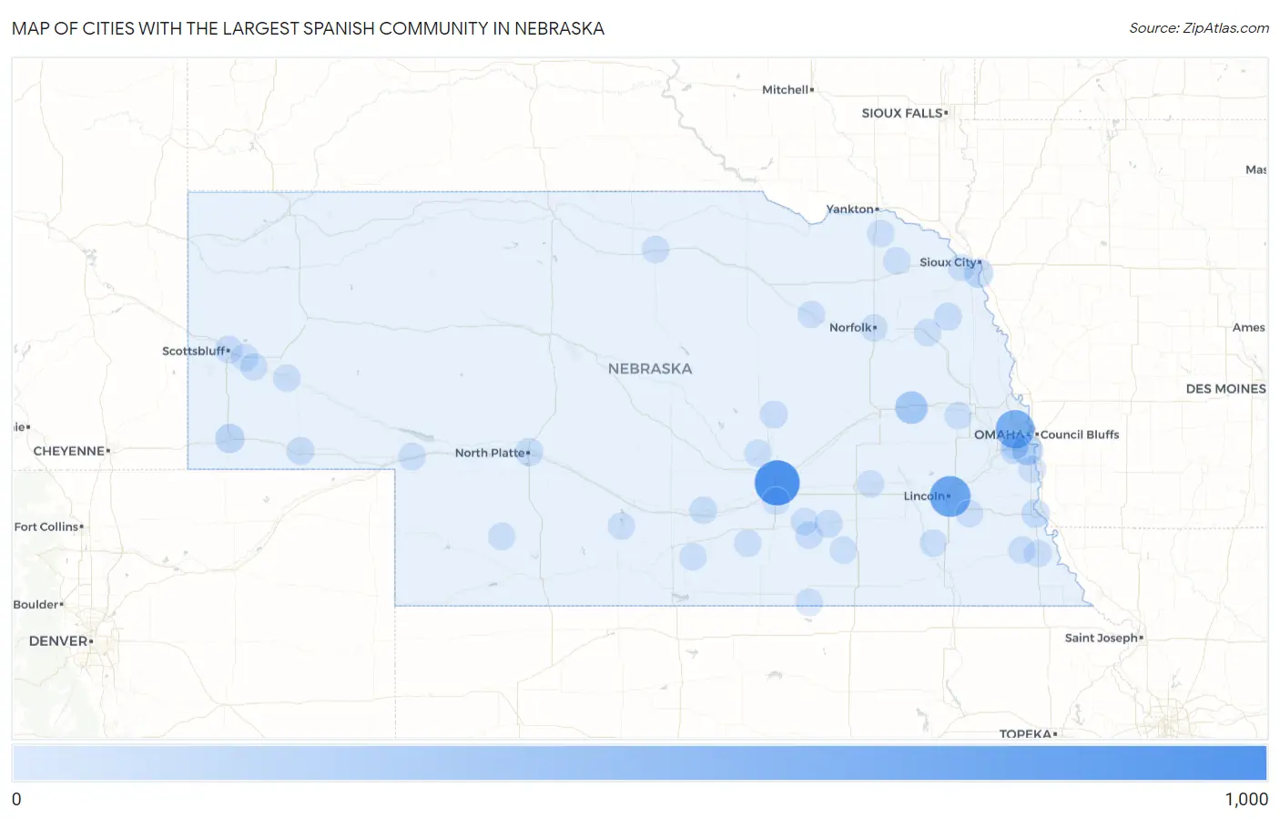 Cities with the Largest Spanish Community in Nebraska Map