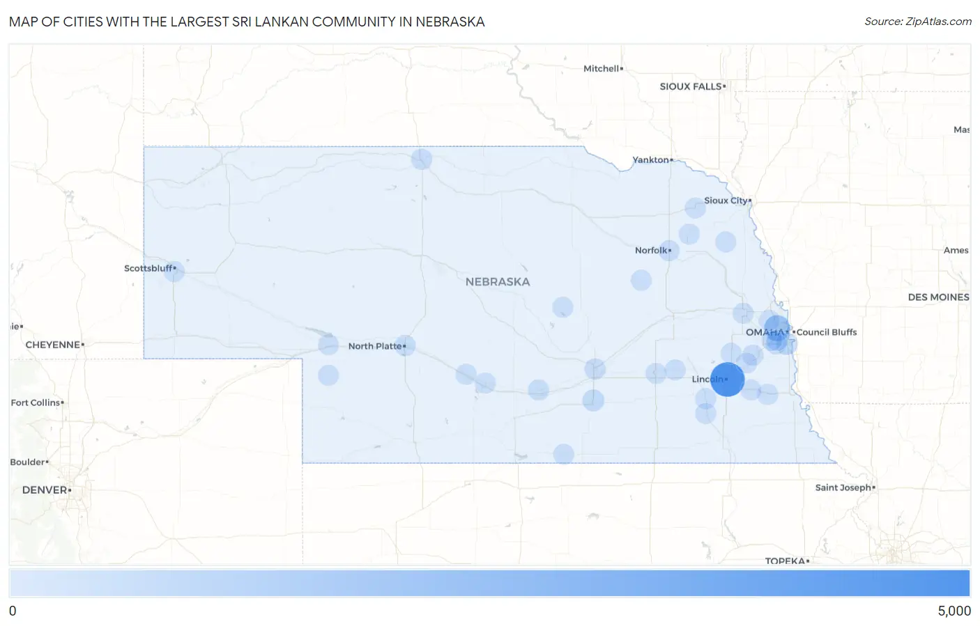 Cities with the Largest Sri Lankan Community in Nebraska Map