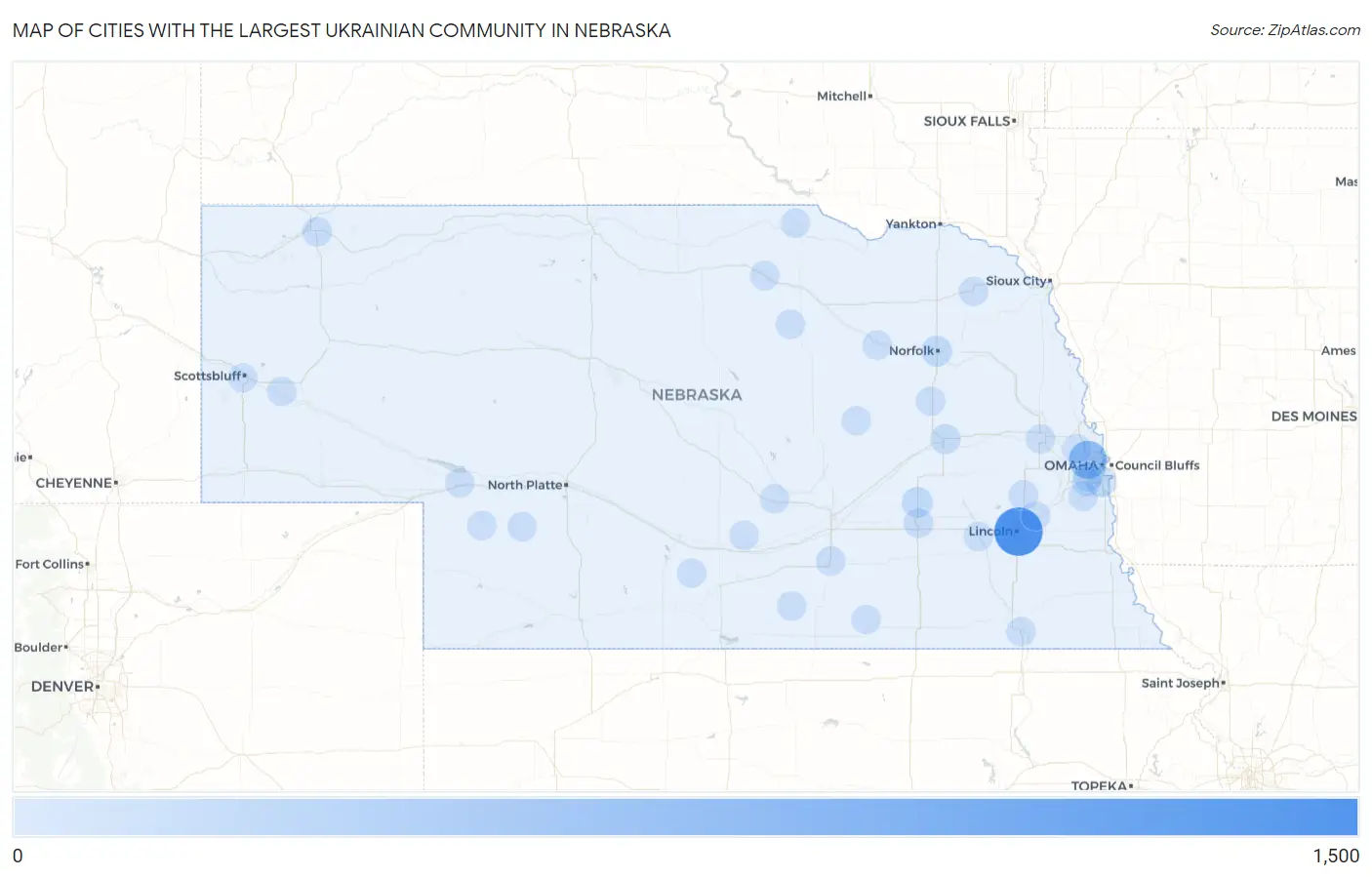 Cities with the Largest Ukrainian Community in Nebraska Map