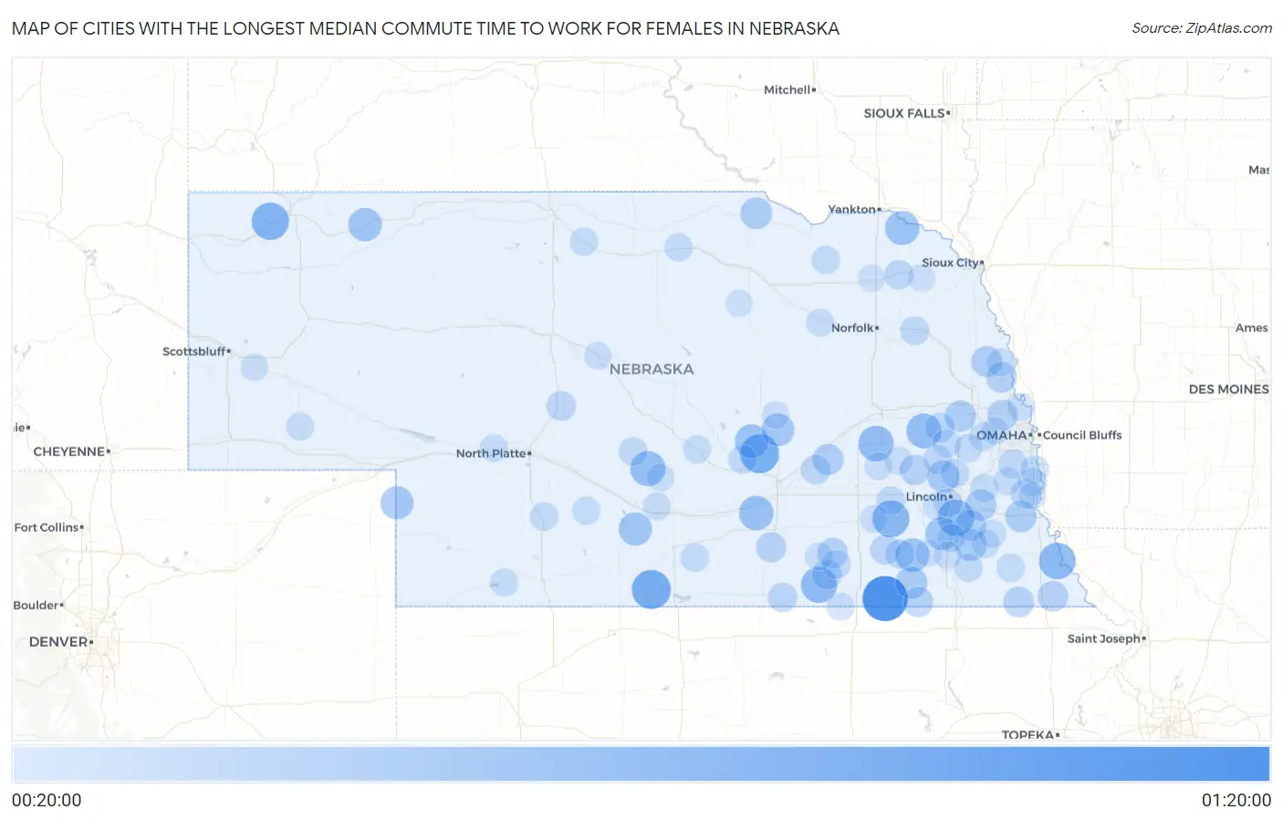 Cities with the Longest Median Commute Time to Work for Females in Nebraska Map
