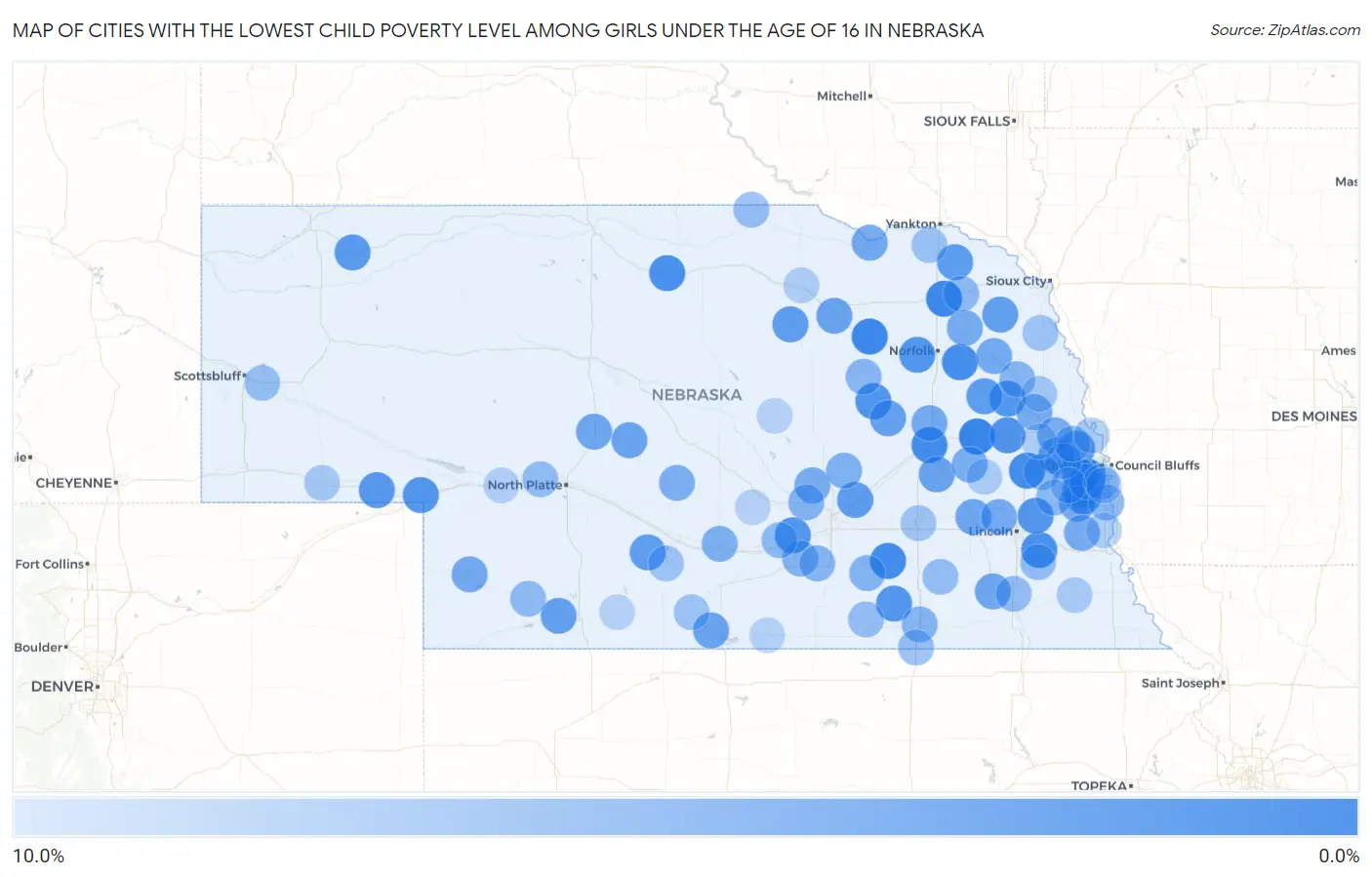 Cities with the Lowest Child Poverty Level Among Girls Under the Age of 16 in Nebraska Map
