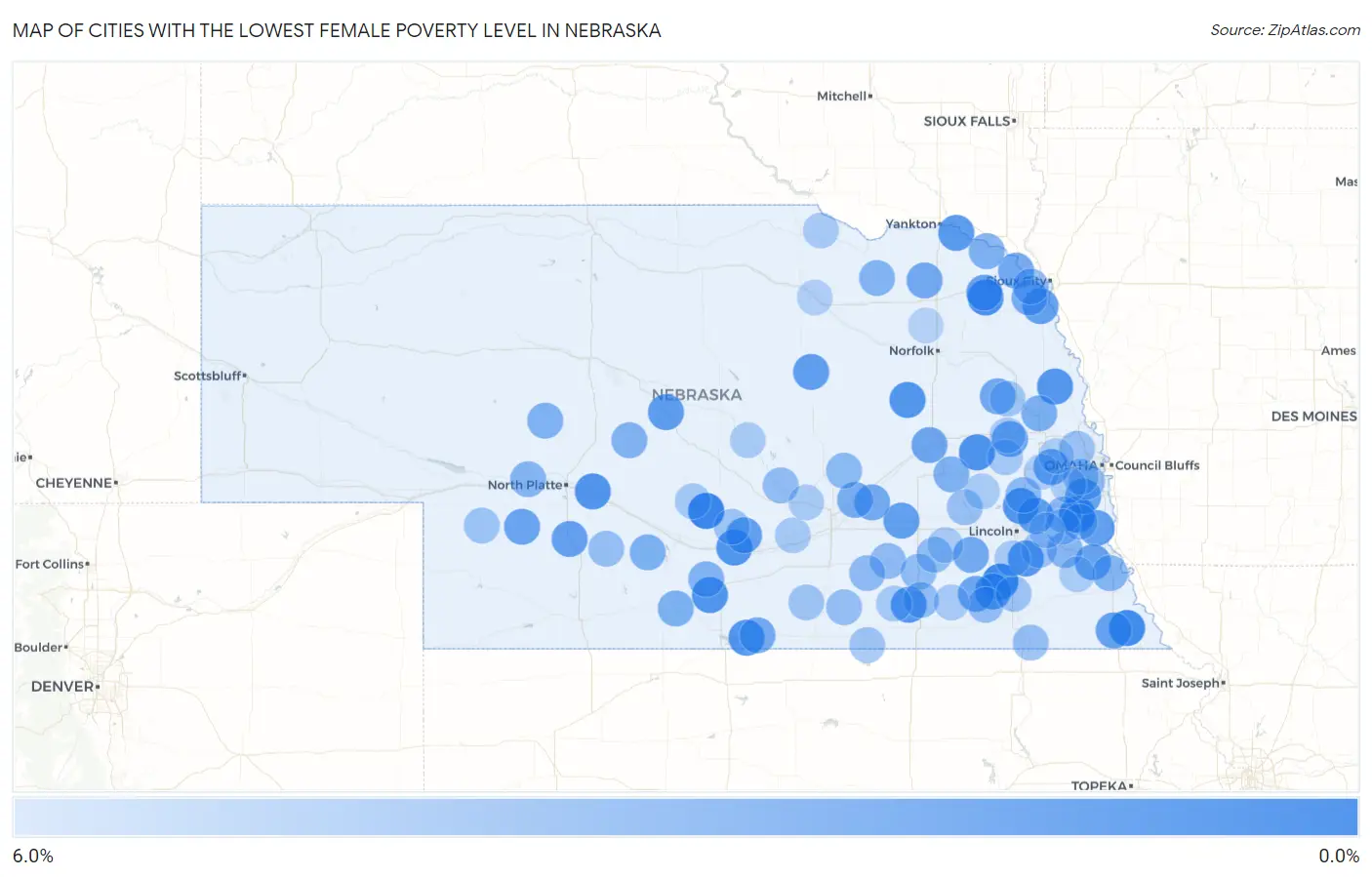 Cities with the Lowest Female Poverty Level in Nebraska Map