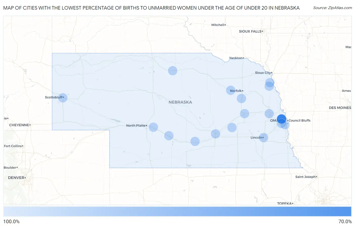 Cities with the Lowest Percentage of Births to Unmarried Women under the Age of under 20 in Nebraska Map