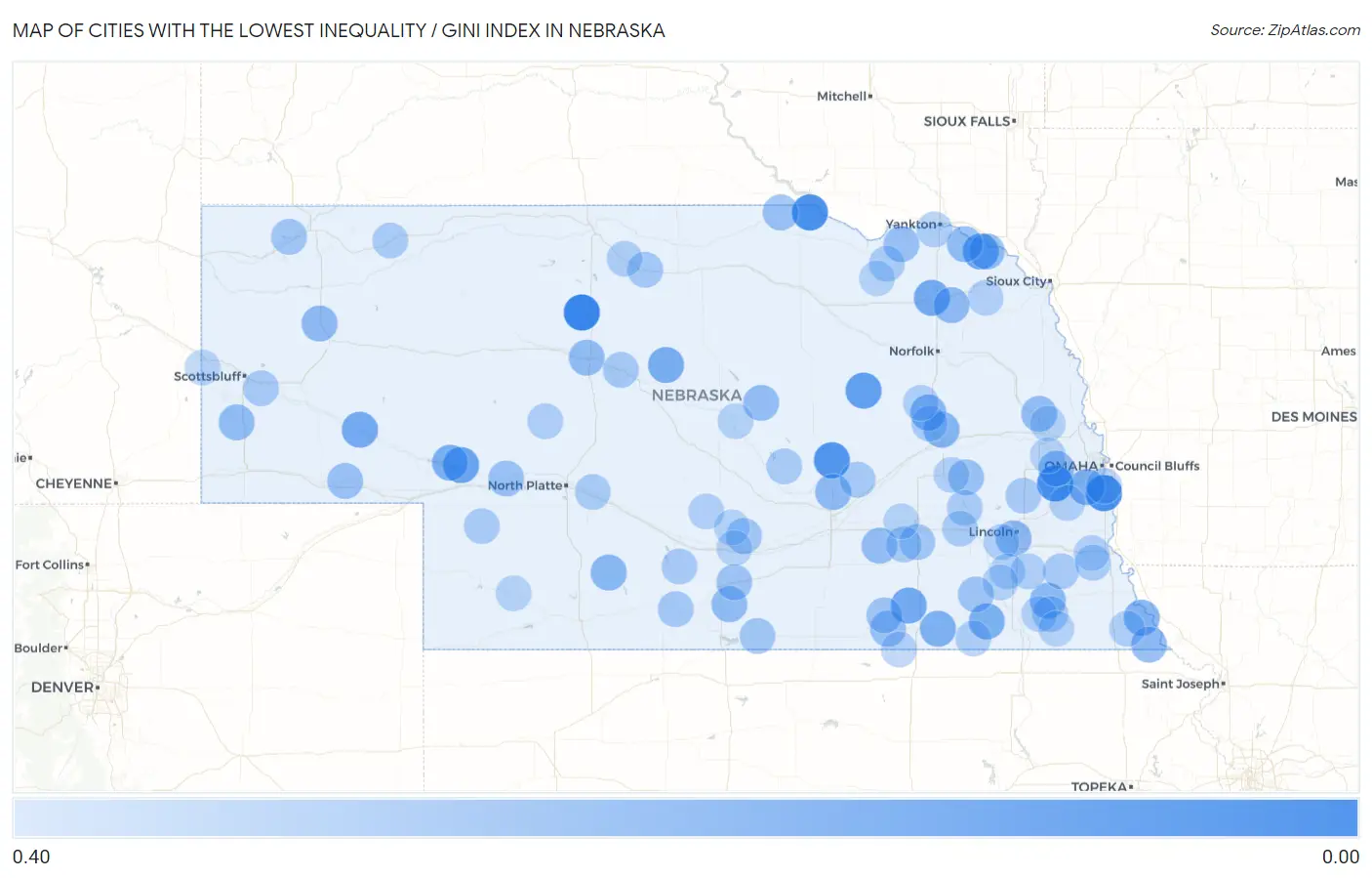 Cities with the Lowest Inequality / Gini Index in Nebraska Map
