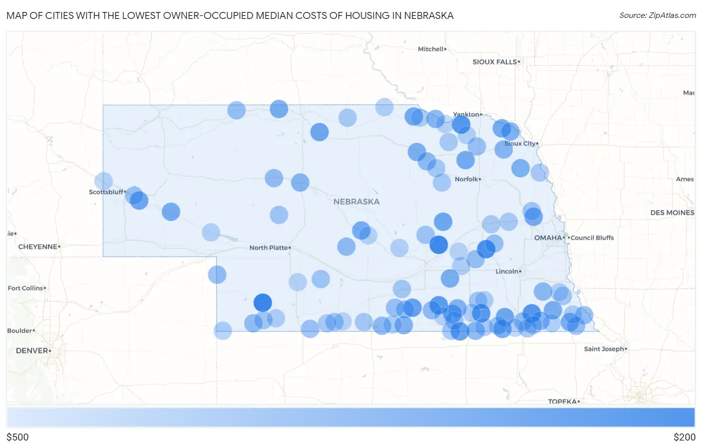 Cities with the Lowest Owner-Occupied Median Costs of Housing in Nebraska Map