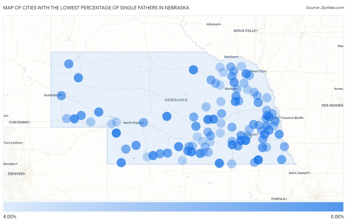 Cities with the Lowest Percentage of Single Fathers in Nebraska Map