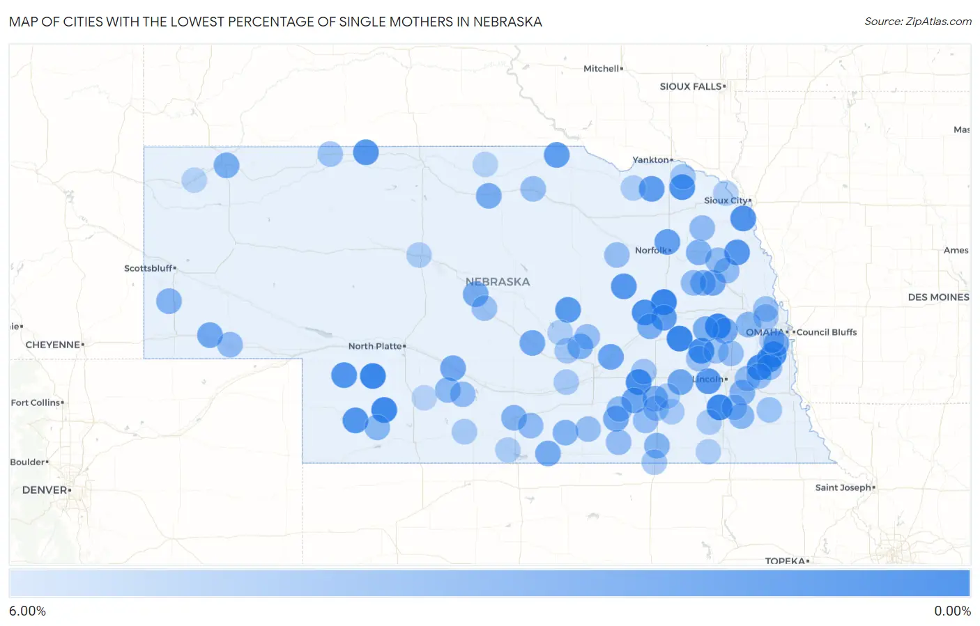 Cities with the Lowest Percentage of Single Mothers in Nebraska Map