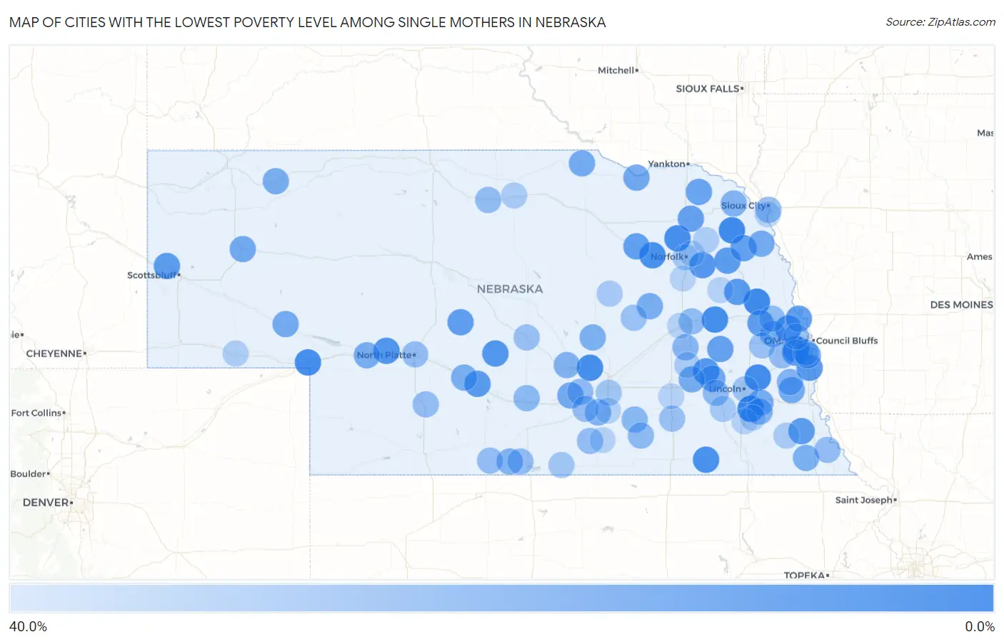 Cities with the Lowest Poverty Level Among Single Mothers in Nebraska Map