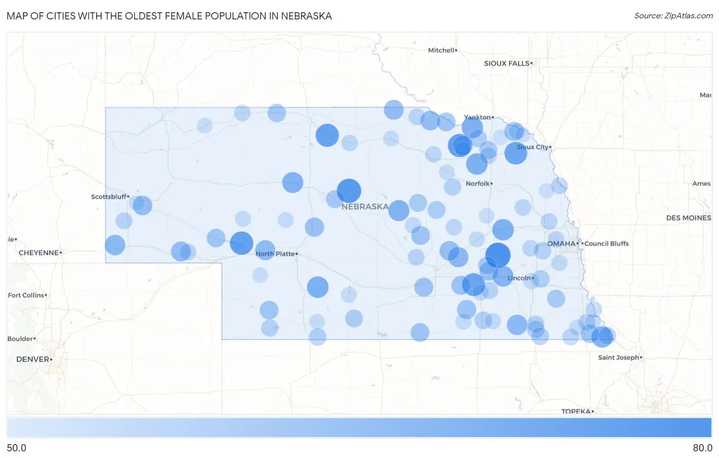 Cities with the Oldest Female Population in Nebraska Map