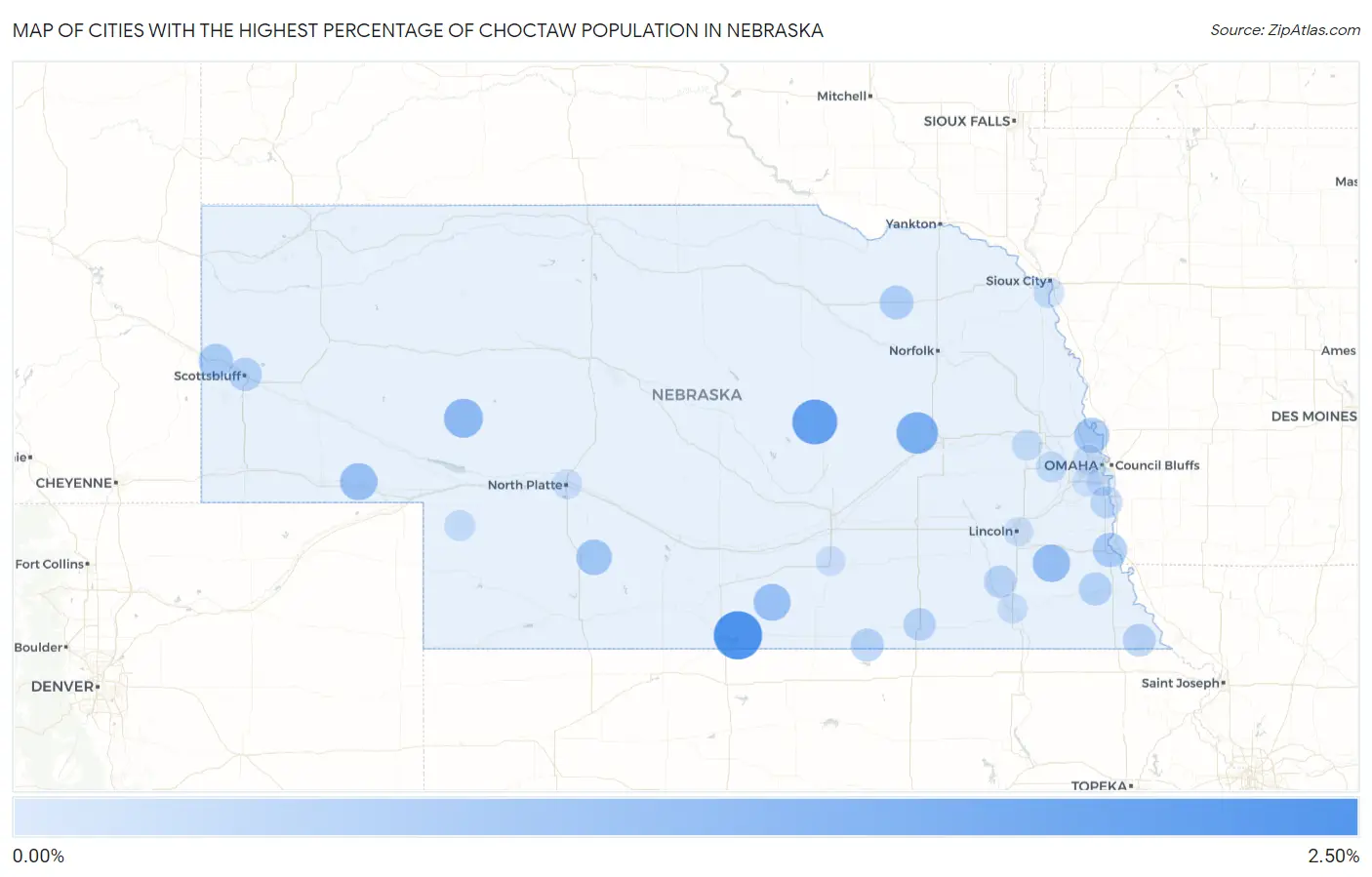 Cities with the Highest Percentage of Choctaw Population in Nebraska Map