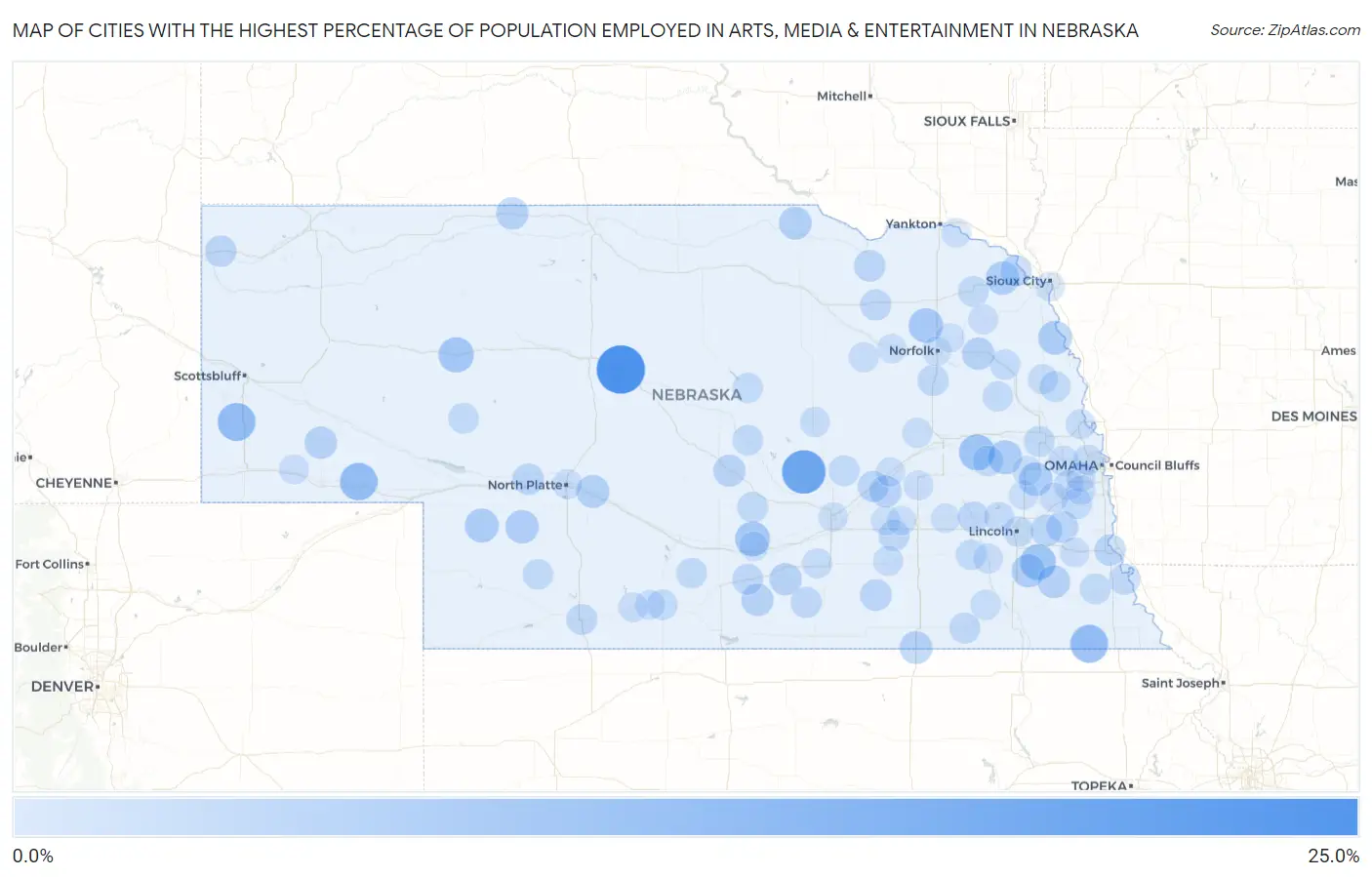 Cities with the Highest Percentage of Population Employed in Arts, Media & Entertainment in Nebraska Map