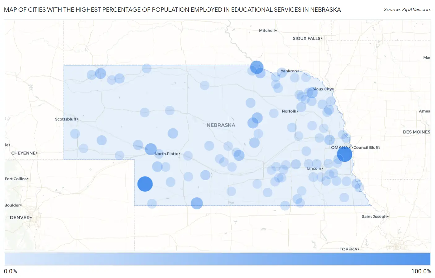 Cities with the Highest Percentage of Population Employed in Educational Services in Nebraska Map