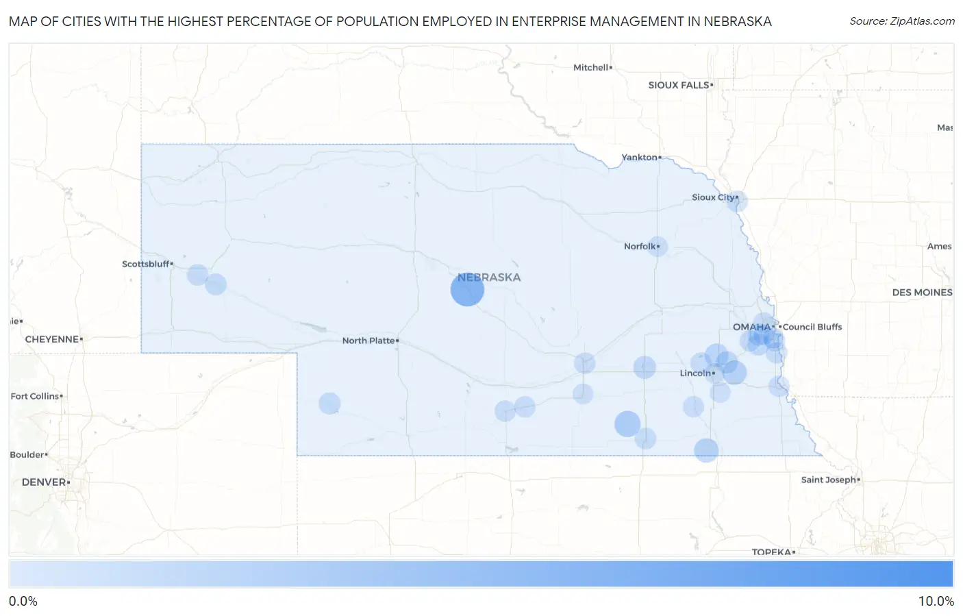 Cities with the Highest Percentage of Population Employed in Enterprise Management in Nebraska Map