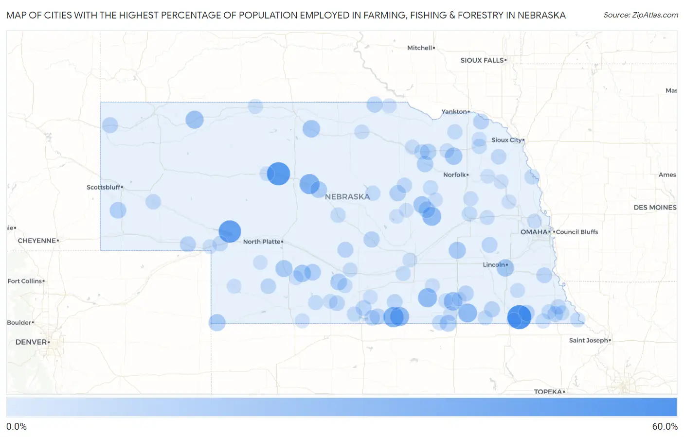 Cities with the Highest Percentage of Population Employed in Farming, Fishing & Forestry in Nebraska Map