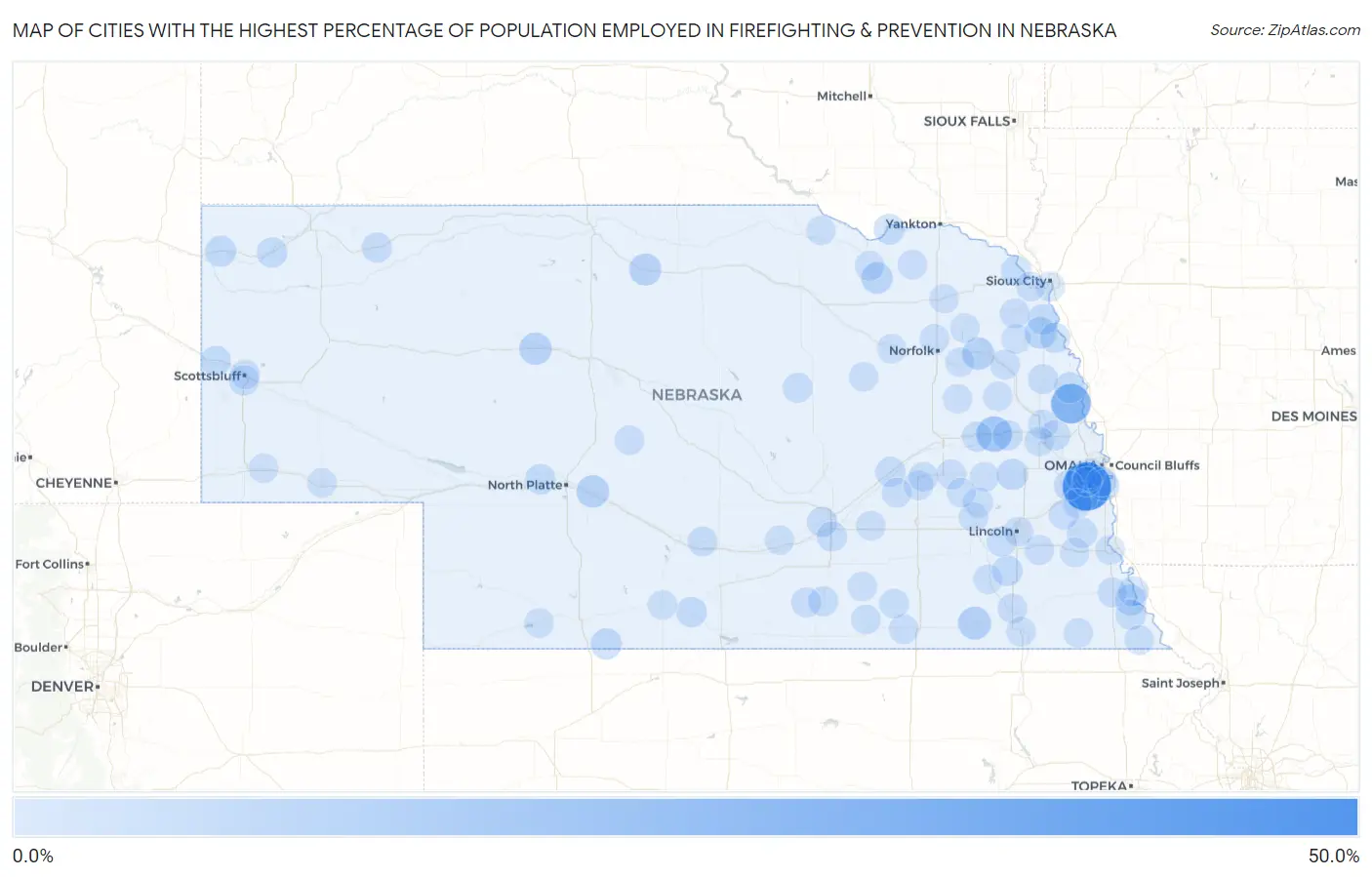 Cities with the Highest Percentage of Population Employed in Firefighting & Prevention in Nebraska Map