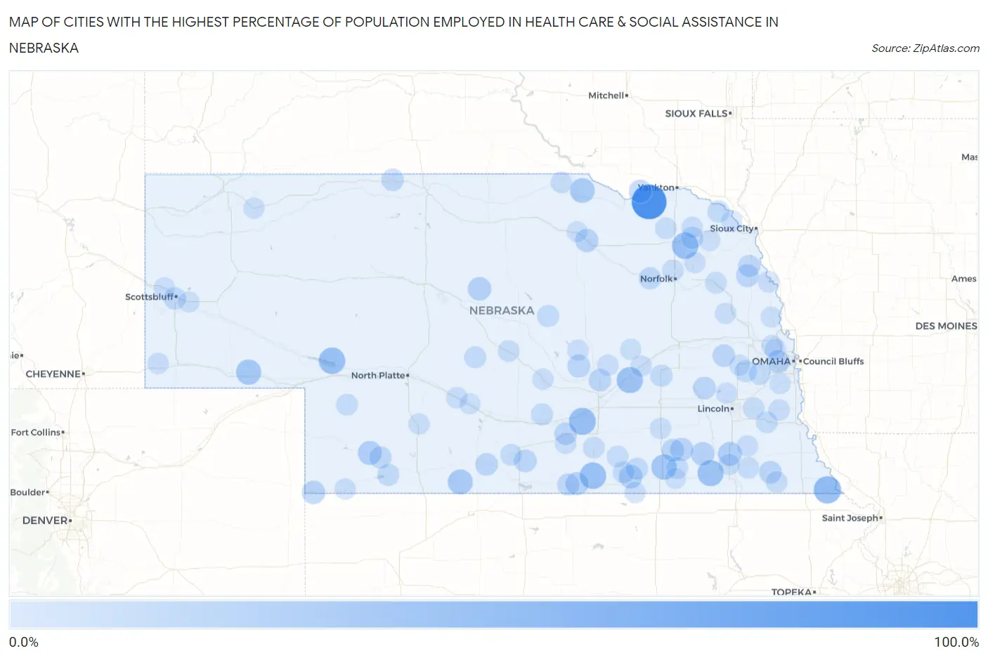 Cities with the Highest Percentage of Population Employed in Health Care & Social Assistance in Nebraska Map