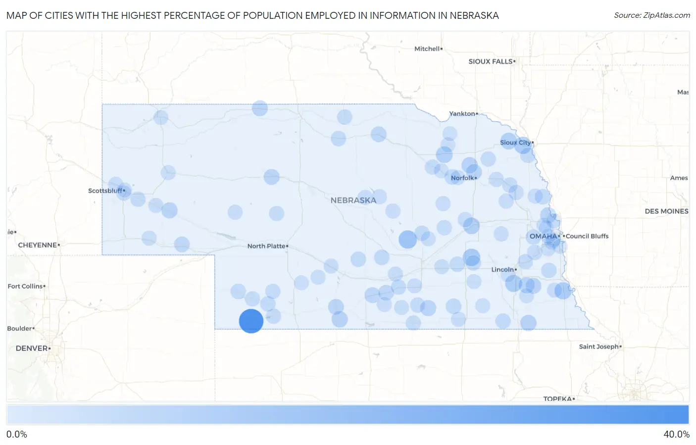 Cities with the Highest Percentage of Population Employed in Information in Nebraska Map